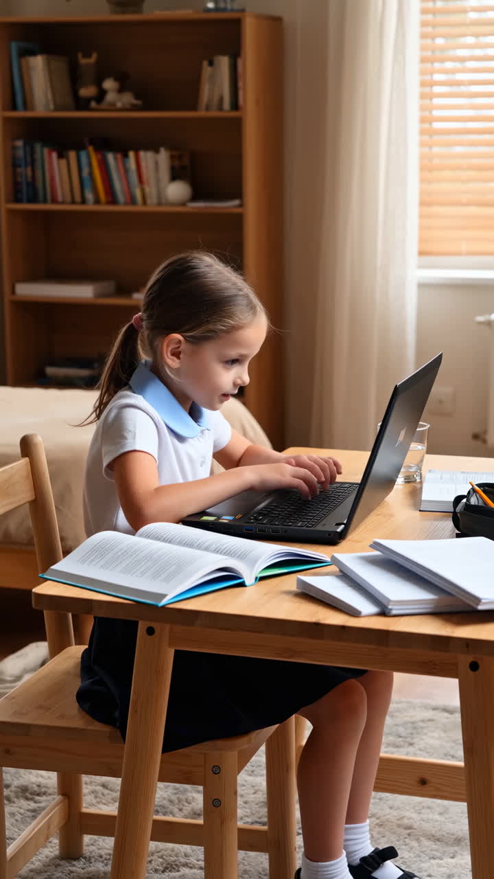 Girl studying on laptop at home
