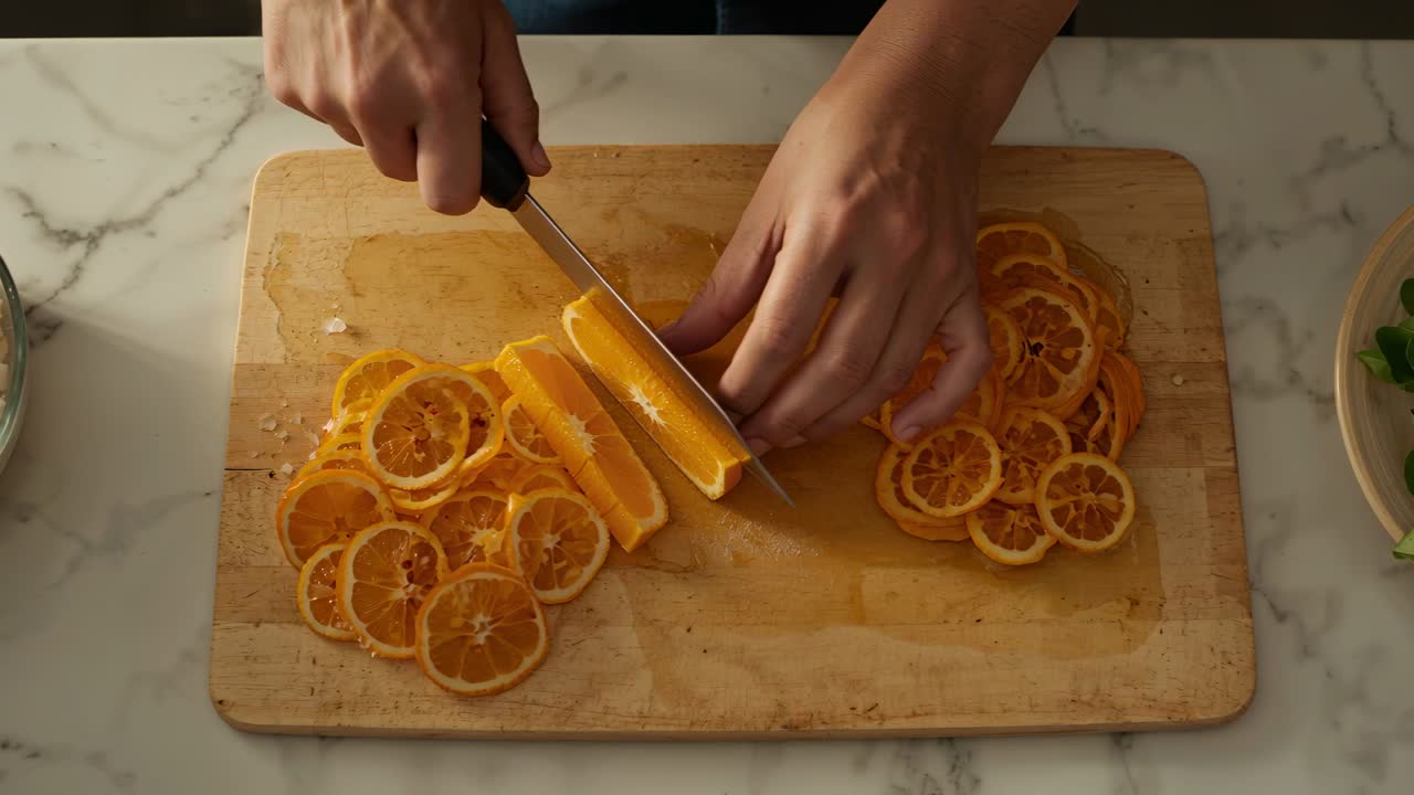Mãos fatiando laranja em rodelas sobre tábua de corte com faca de chef para salada.