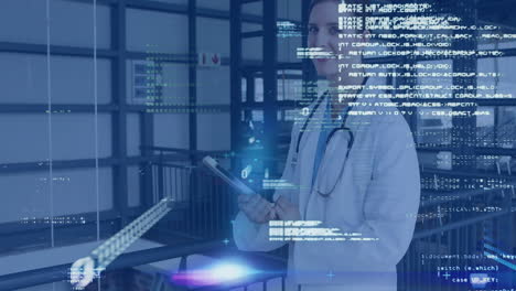 female doctor analyzing medical data on tablet in research lab, with floating code symbols