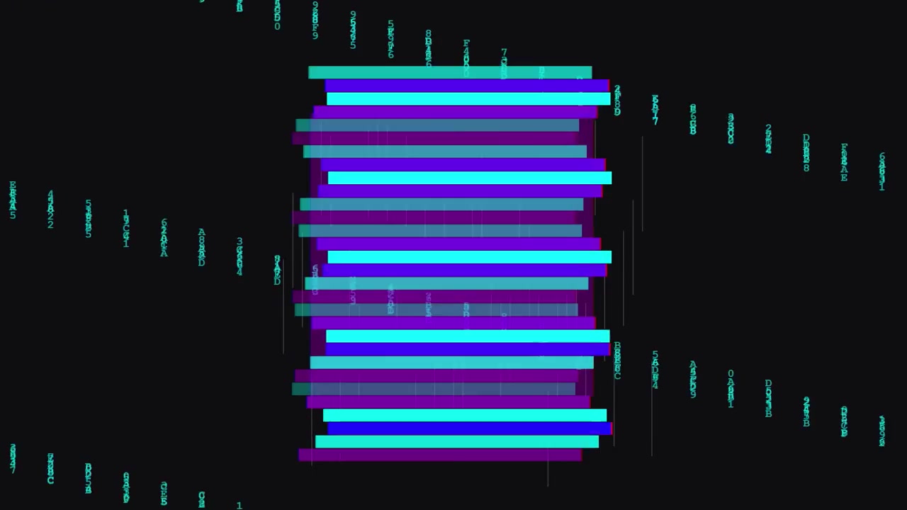 Sfondo digitale astratto con barre di dati glitch e codice esadecimale fluttuante