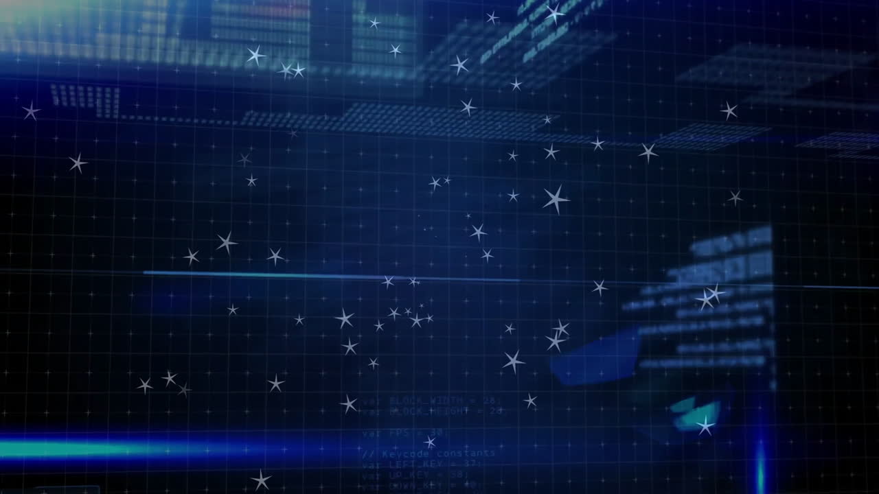 Glowing stars and abstract light patterns creating blue digital animation grid