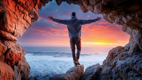 a man standing on a rock looking out of a cave at the ocean