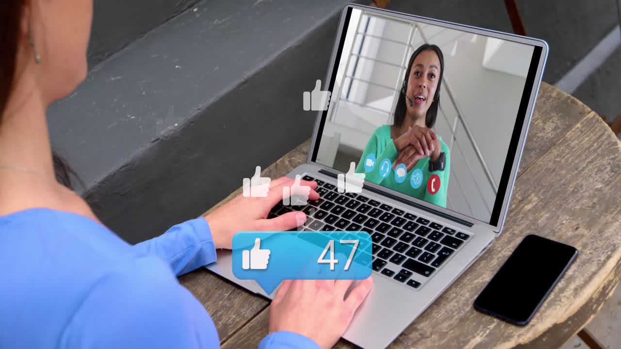 Animation of social media icons with growing number over caucasian woman using laptop
