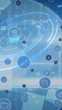 animación digital de una red de múltiples iconos digitales contra un escáner redondo sobre fondo azul