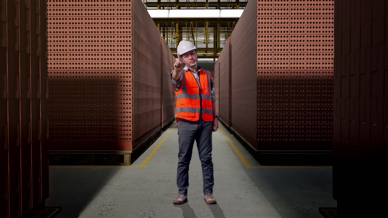 Full Body Of Asian Male Engineer With Safety Helmet Disapproving With No Index Finger Sign While Standing With Red Brick Packed in Stacks Are Stored