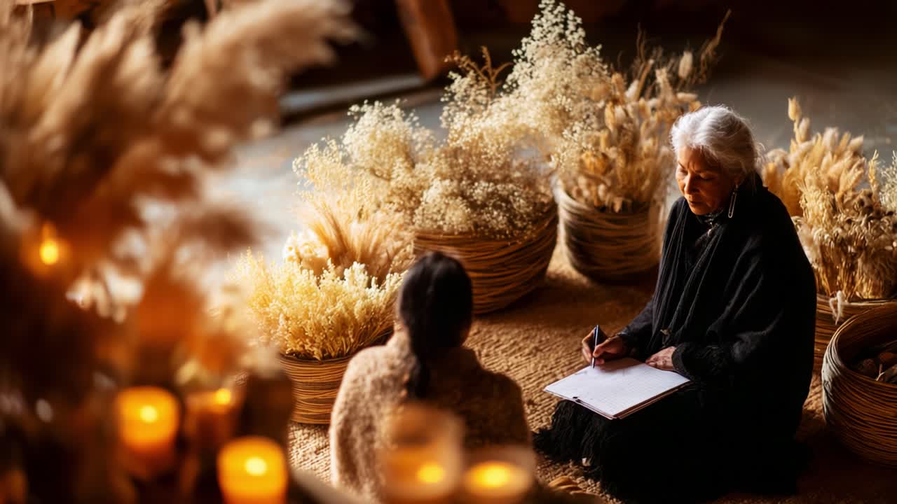 A Serene Dialogue: An Elder Sharing Wisdom Amidst Nature's Beauty, Surrounded by Dried Flowers and Soft Lighting, Evoking Calmness and Introspection in a Tranquil Setting