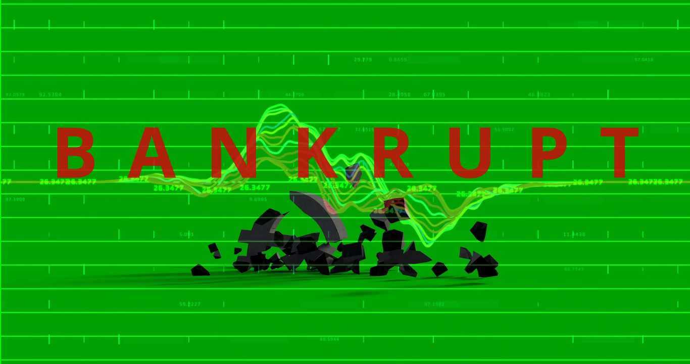 BANKROTT bleibt stehen, während das Euro-Symbol herabsteigt und zersplittert, verstreute Fragmente zeigen den Zusammenbruch.