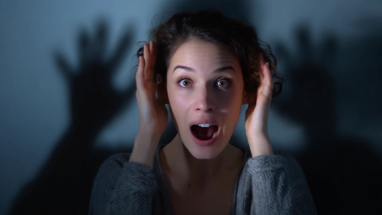 Uma Jornada do Medo à Calma: A Transição Emocional de uma Mulher Capturada de Forma Impressionante em Dois Quadros Distintos com Sombras Sinistras e Mudanças de Expressão.