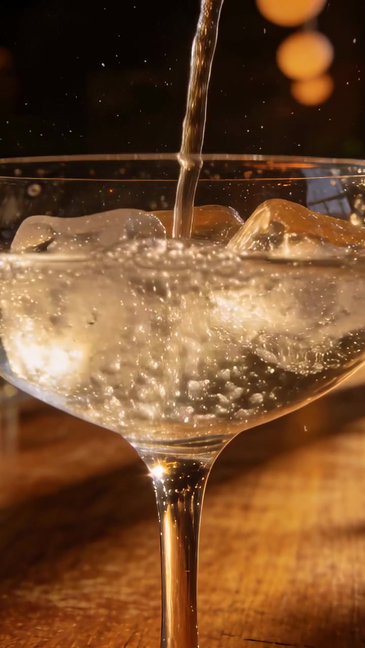 Video verticale: Versando liquido frizzante in un bicchiere a coppa con cubetti di ghiaccio su un bancone di legno, mentre si riempie.