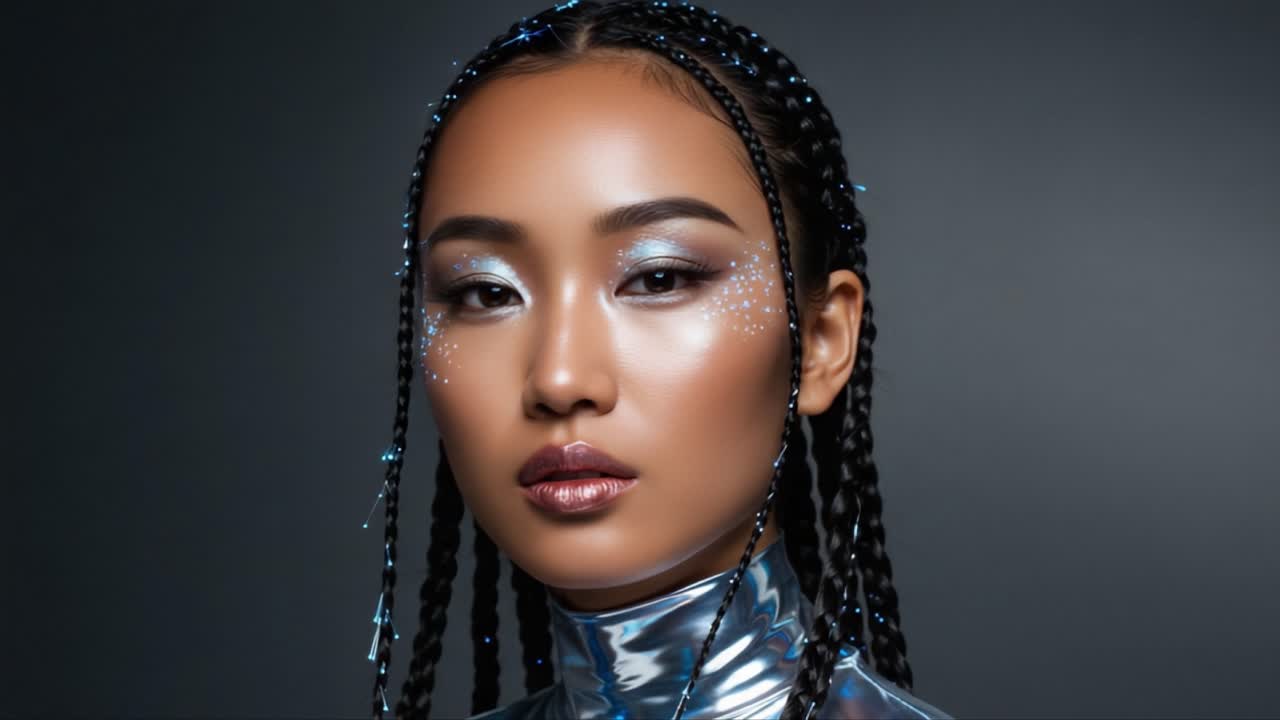 A Captivating Portrait of a Model with Braided Hair and Futuristic Makeup, Radiating Confidence and Style Against a Dark Background
