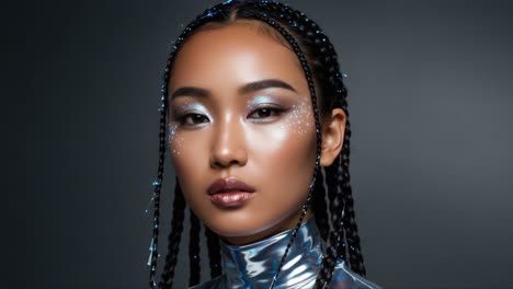 a captivating portrait of a model with braided hair and futuristic makeup, radiating confidence and style against a dark background