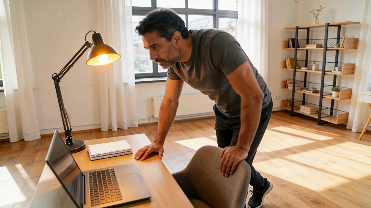 Approaching man in gray T-shirt leaning at home office desk, examining laptop screen and lamp