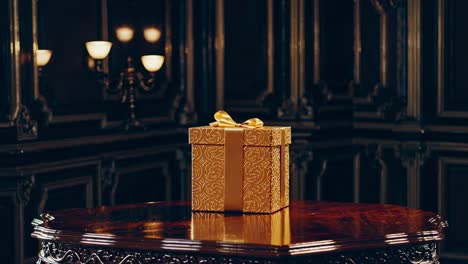 golden gift box with confetti in a luxurious room