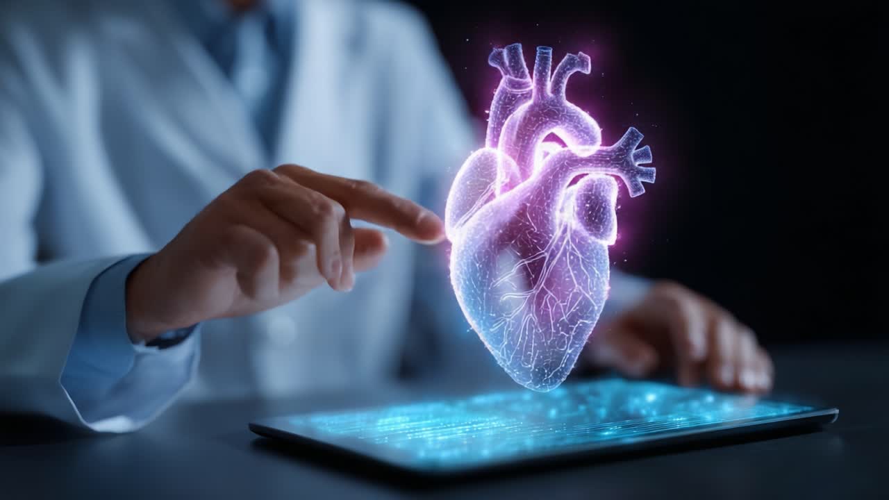 A Medical Professional Engages with a Holographic Heart Model on a Digital Tablet, Illustrating Advanced Health Technology and Innovative Medical Practices