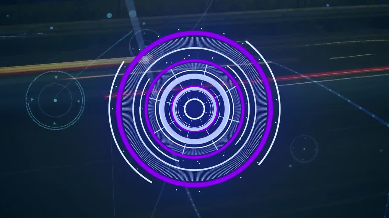 animación del escáner redondo y la red de conexiones contra el lapso de tiempo del tráfico urbano