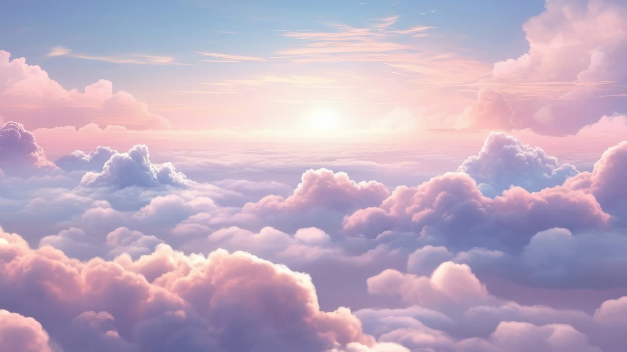 A serene, dreamlike video concept of a sunrise above fluffy pink clouds