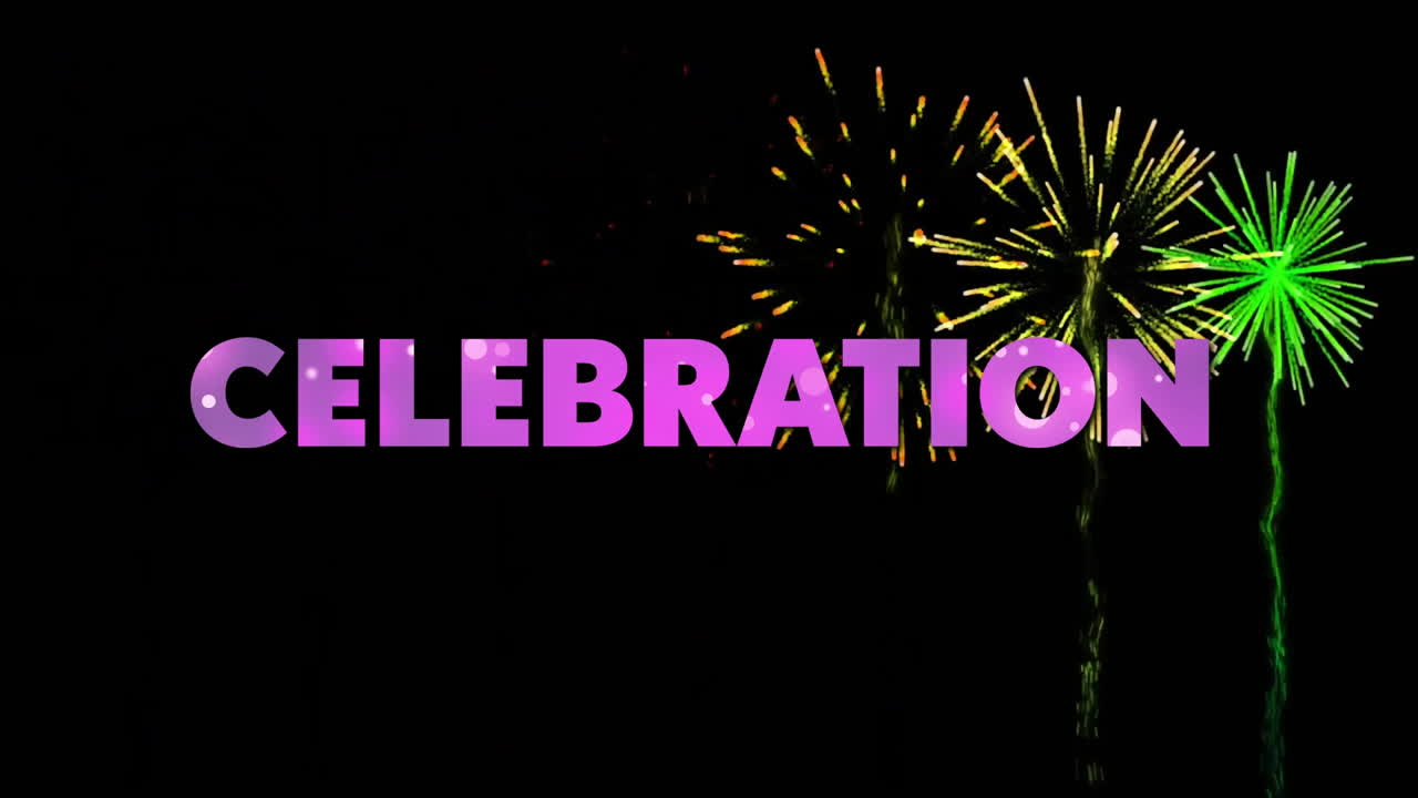 Animazione del testo "festeggiamenti" e fuochi d'artificio su sfondo nero