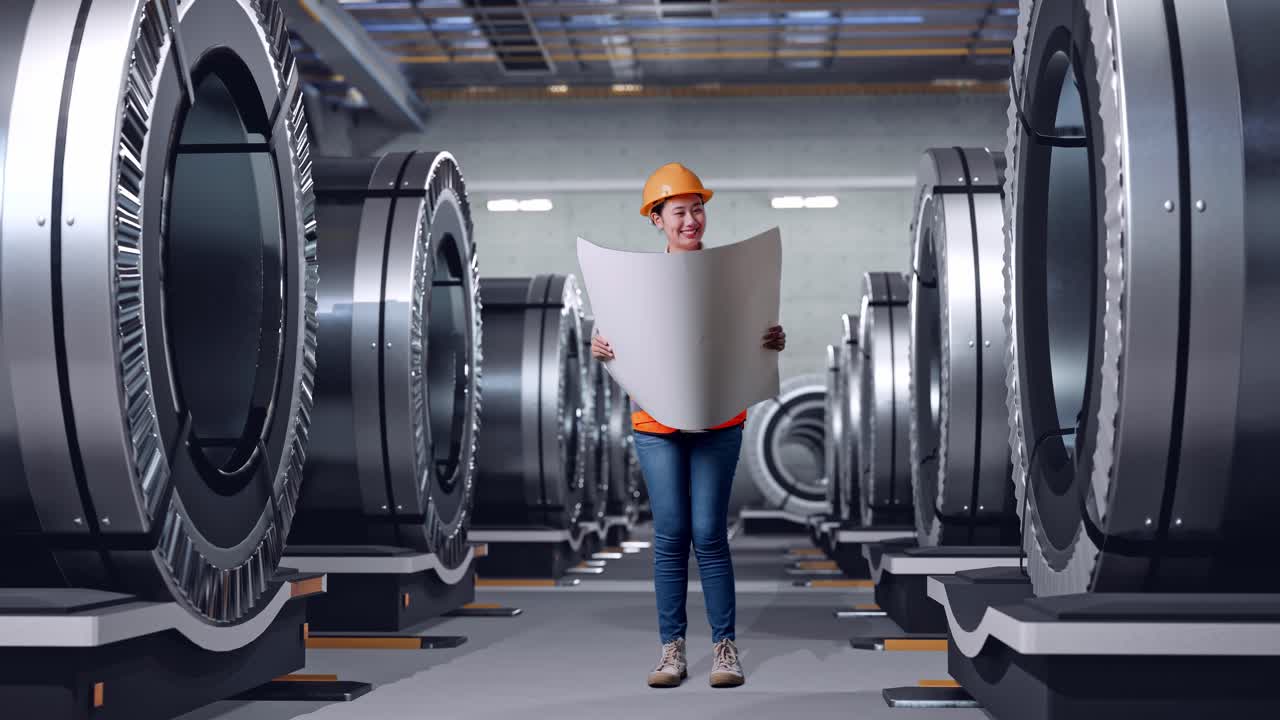 cuerpo lleno de ingeniera femenina asiática con casco de seguridad mirando el plano en sus manos y mirando a su alrededor mientras estaba de pie en la fábrica de metal