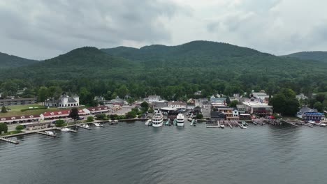 drone view of town on lake george new york in 4k