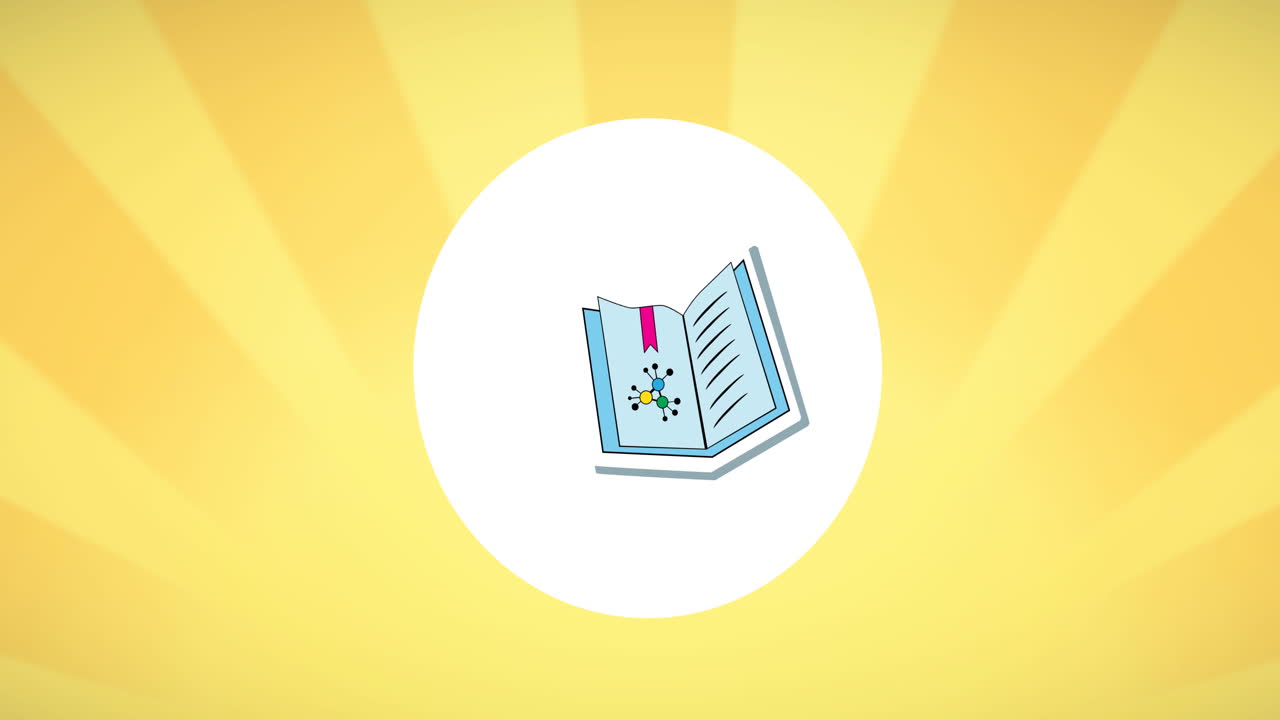 animación digital del icono del libro de texto sobre una bandera circular blanca contra un fondo radial amarillo