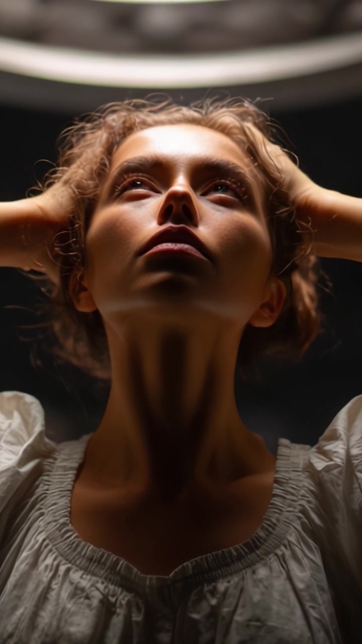A contemplative young woman with closed eyes is captured in deep thought, illuminated softly against a dark backdrop, evoking a sense of serenity and introspection.