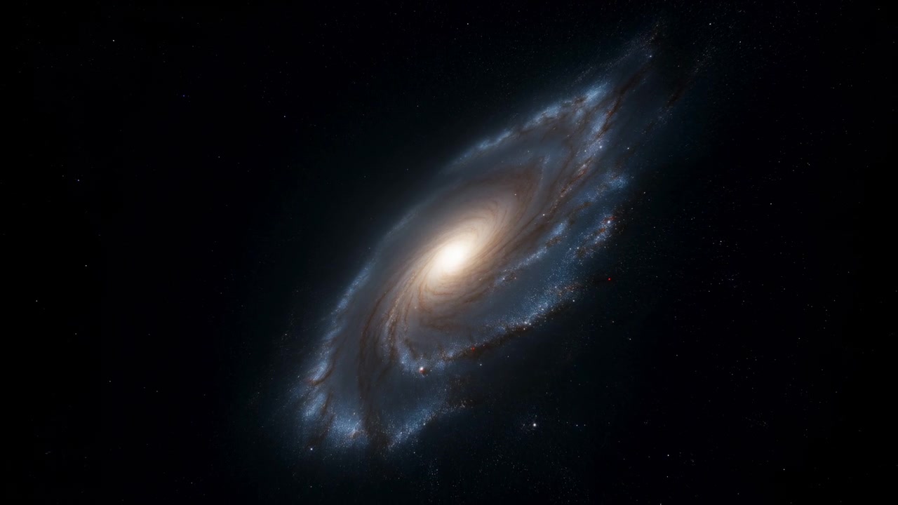 Un brillante nucleo galattico risplende all'interno di ampi bracci bianco-blu mentre la scena si intensifica sottilmente nel tempo, con bande di polvere scura, piccole stelle e un'ampia area negativa nera che circonda la galassia