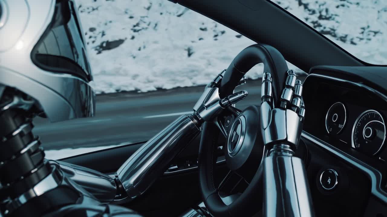 Robot alla guida di un'auto sulla neve