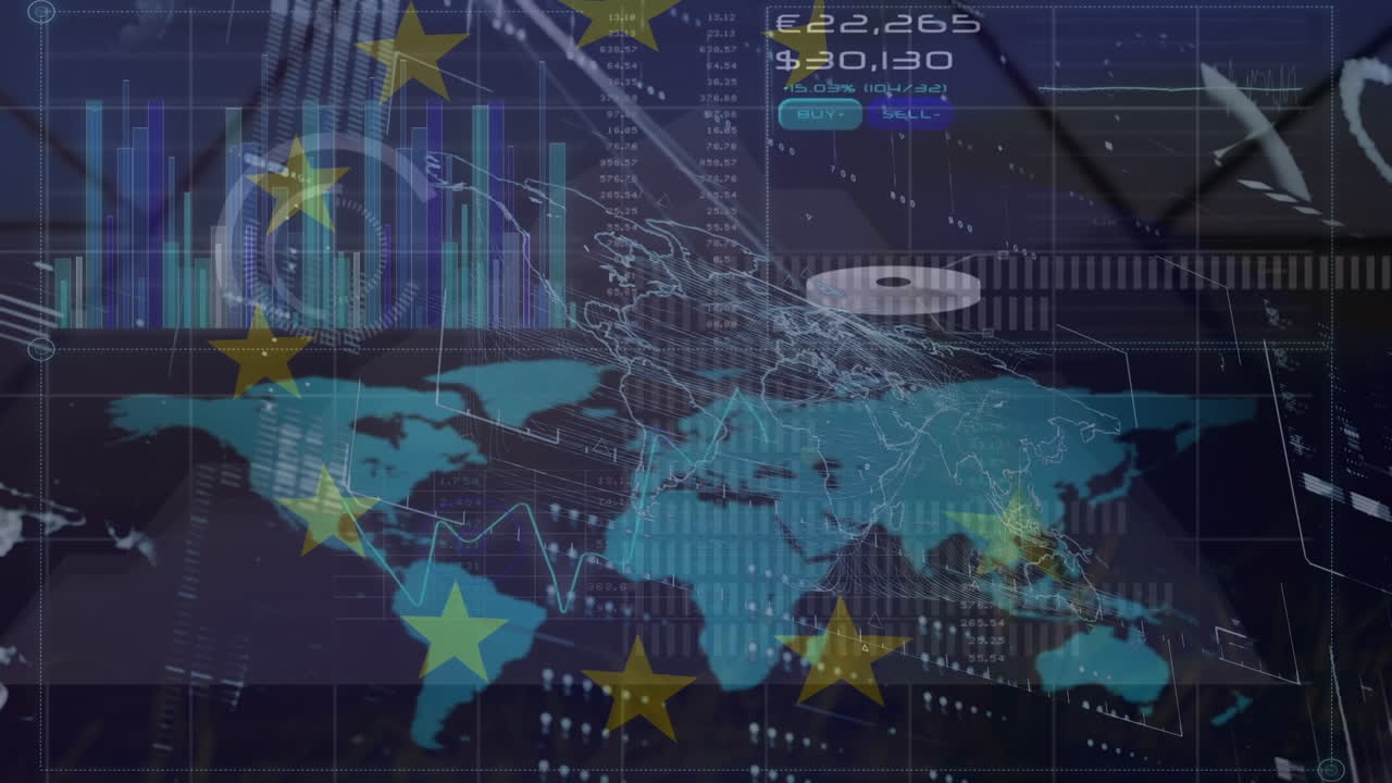 금융 데이터와 세계 지도 위의 유럽 연합  ⁇ 발의 애니메이션