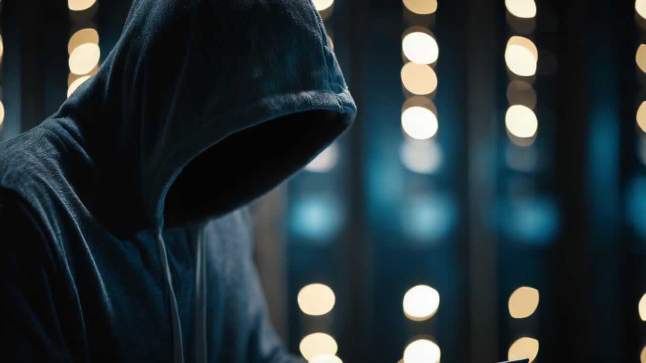 En mystisk skikkelse i en hættetrøje engageret i en ukendt aktivitet med refleksioner i et mørkt, stemningsfuldt miljø, indhyllet i skygger og oplyst af fjerne lys