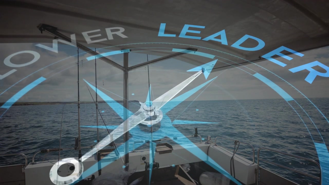 Digital compass overlay entering view, rotating while arrow pivoting toward LEADER for navigation