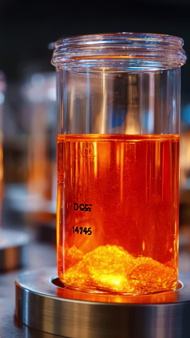Liquido ambrato illuminato in contenitore da laboratorio con cristalli luminosi che riflettono la luce in un ambiente di sperimentazione scientifica