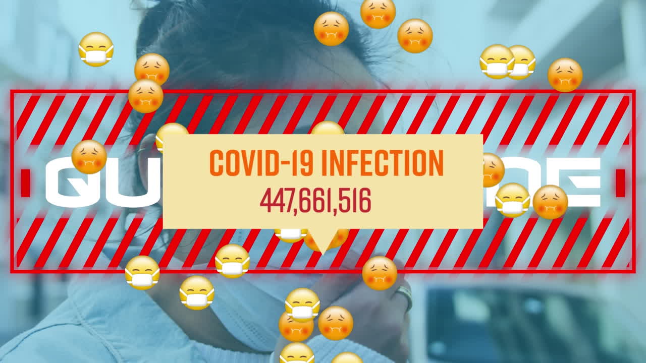 animación del procesamiento de datos de covid 19 sobre una mujer y múltiples emojis enfermos con máscaras faciales