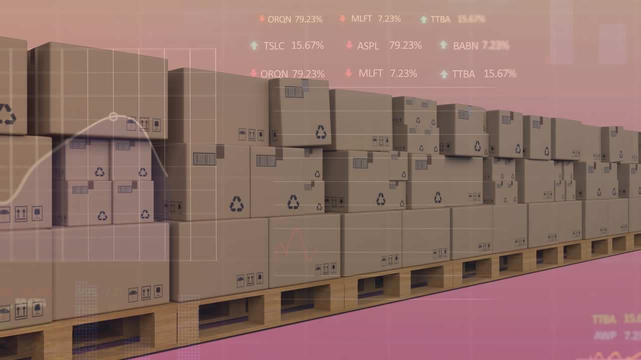 animación del procesamiento de datos financieros sobre una pila de cajas de cartón