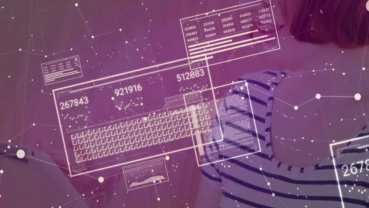 woman typing at desk for data analytics, displaying floating charts, keyboard layout, data nodes