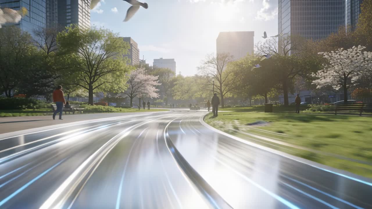 滑翔鏡頭開始，展現公園內光澤的多車道反光路徑，並伴隨藍色燈光。