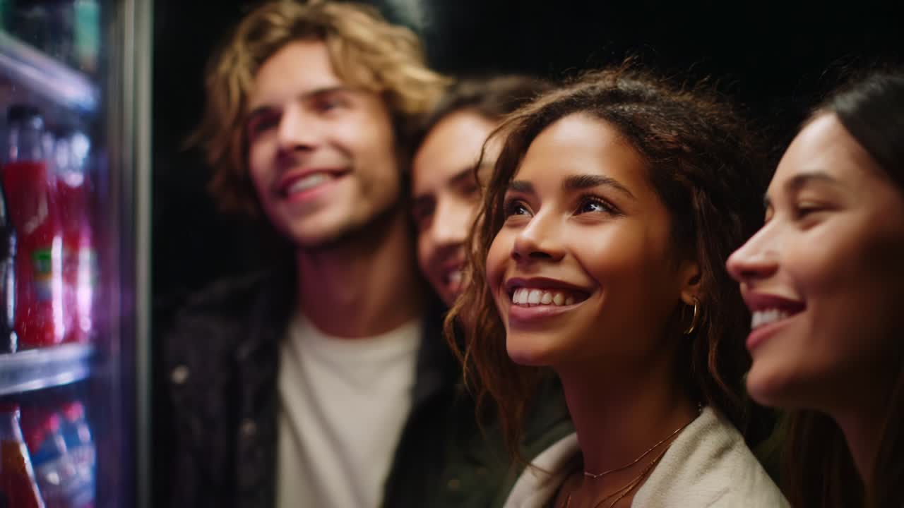 Un gruppo di amici che condivide momenti di gioia vicino a un distributore di bibite, catturando l'essenza della felicità e della fratellanza in un'atmosfera vivace piena di risate e sorrisi