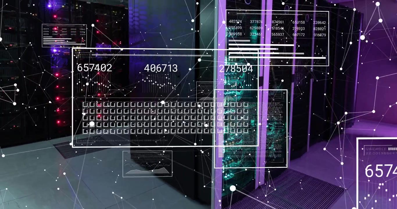 Animation of interface with data processing and network of connections against computer server room