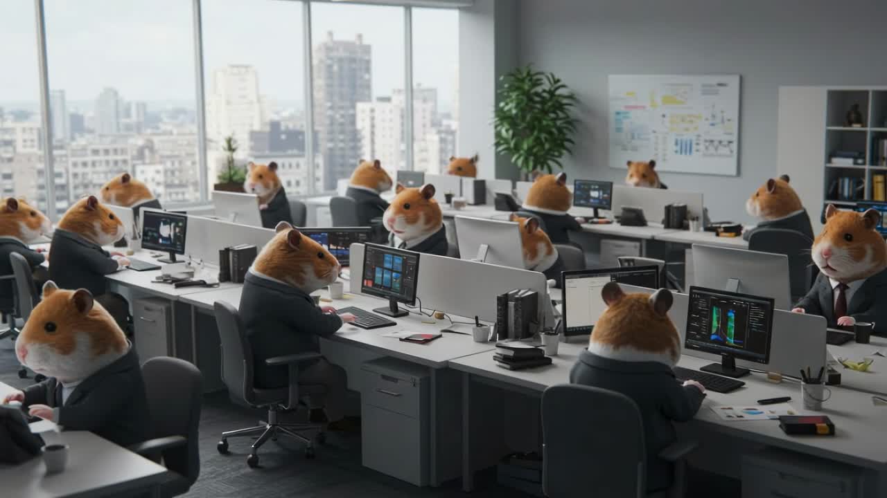 In a lively urban environment, office workers are magically transformed into adorable hamsters, scurrying around and adapting to city life
