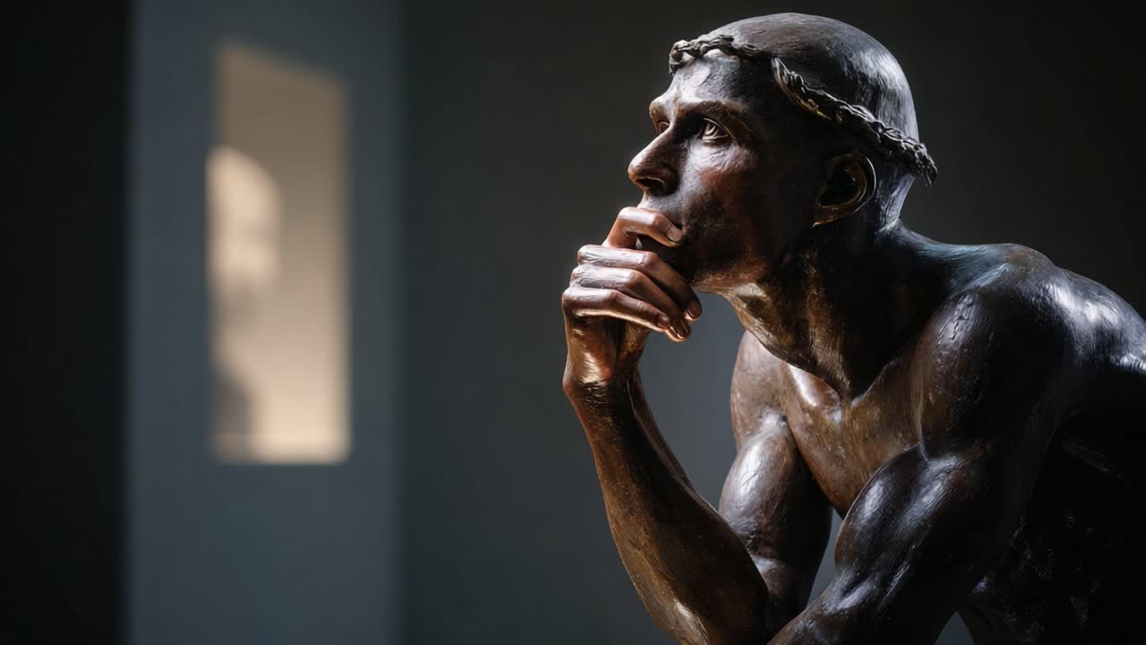 A Thoughtful Bronze Sculpture of a Pensive Figure with a Laurel Crown, Capturing the Essence of Contemplation and Artistic Mastery in a Graceful Pose