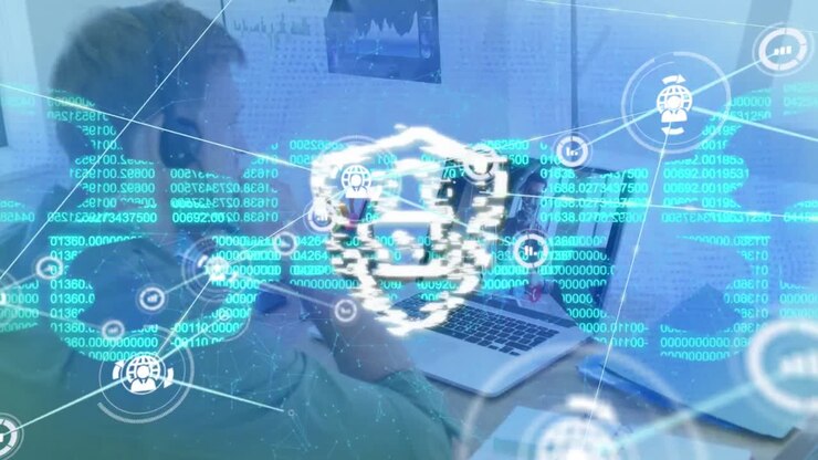 Animation of data processing and padlock over caucasian businessman in office