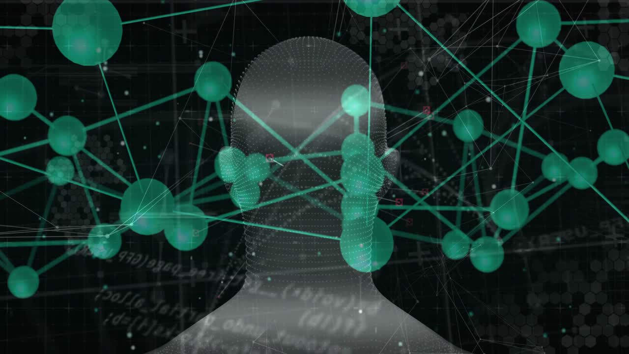 Animation: Wireframe-hoved roterer til højre, mens grønne kugler kredser og visualiserer dataforbindelser.