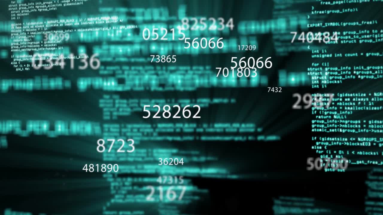 Faint central glow pulsing, numbers clustering and streaming forward, visualizing teal code bands