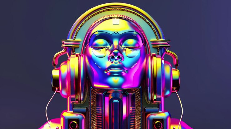 female tech headphones and space age vr headsets made with AI