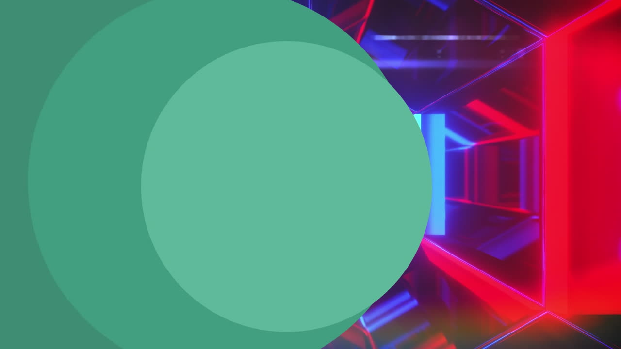 animación de formas geométricas verdes sobre luces geométricas de colores brillantes