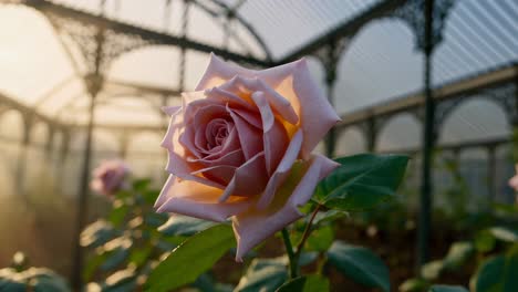 pink rose in a greenhouse at sunset