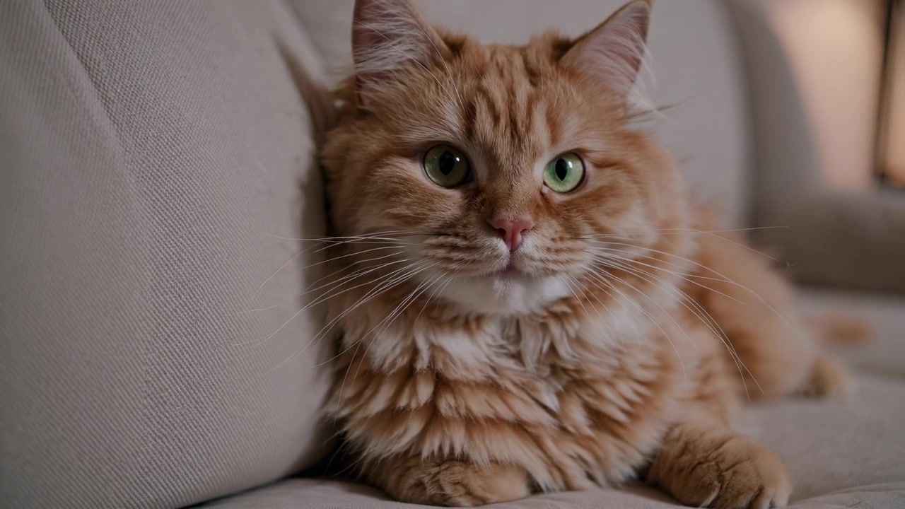 Fluffy ingefærfarvet kat der miaver og kigger sig omkring i en sofa