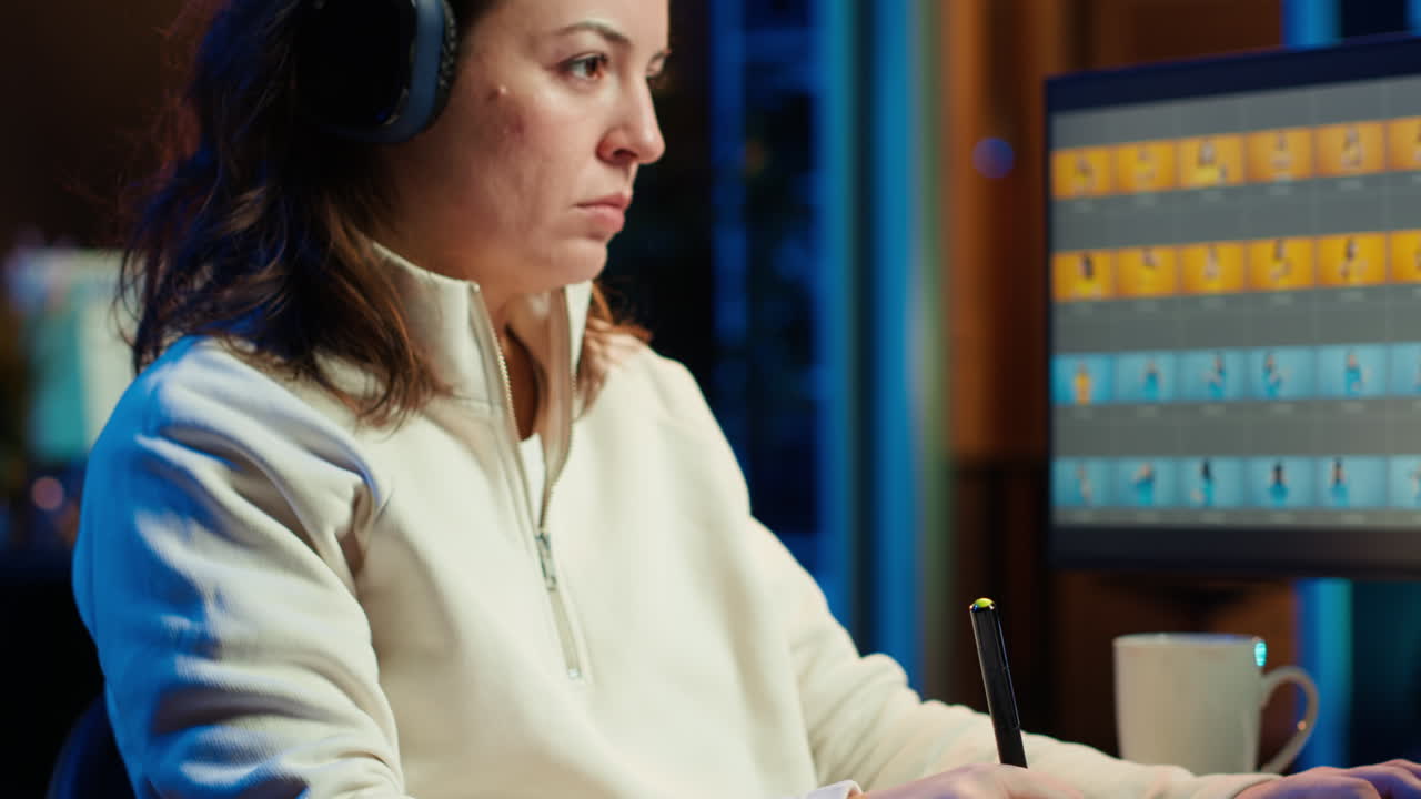 freelancer con auriculares de audio, usando una tableta gráfica para editar imágenes