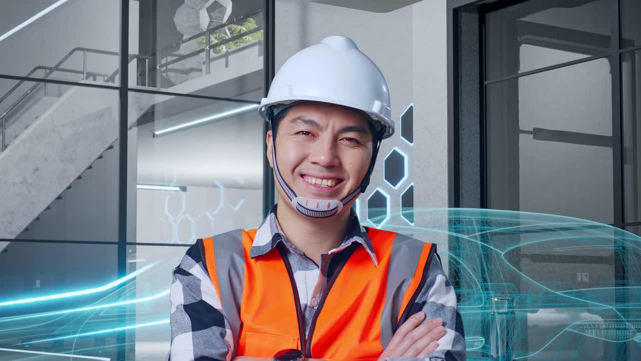 홀로그램 자동차 디자인으로 현대적인 사무실에서 미소 짓는 엔지니어