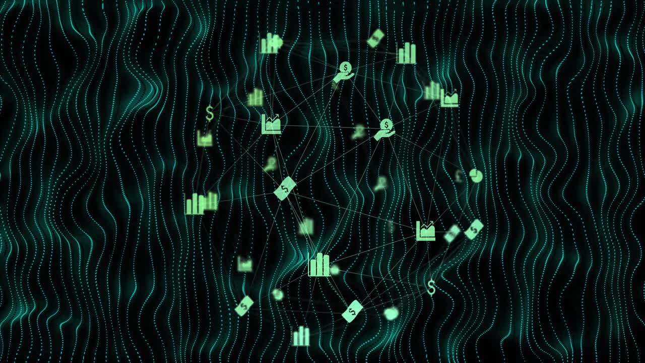 Animation of network of connections with business icons over shapes