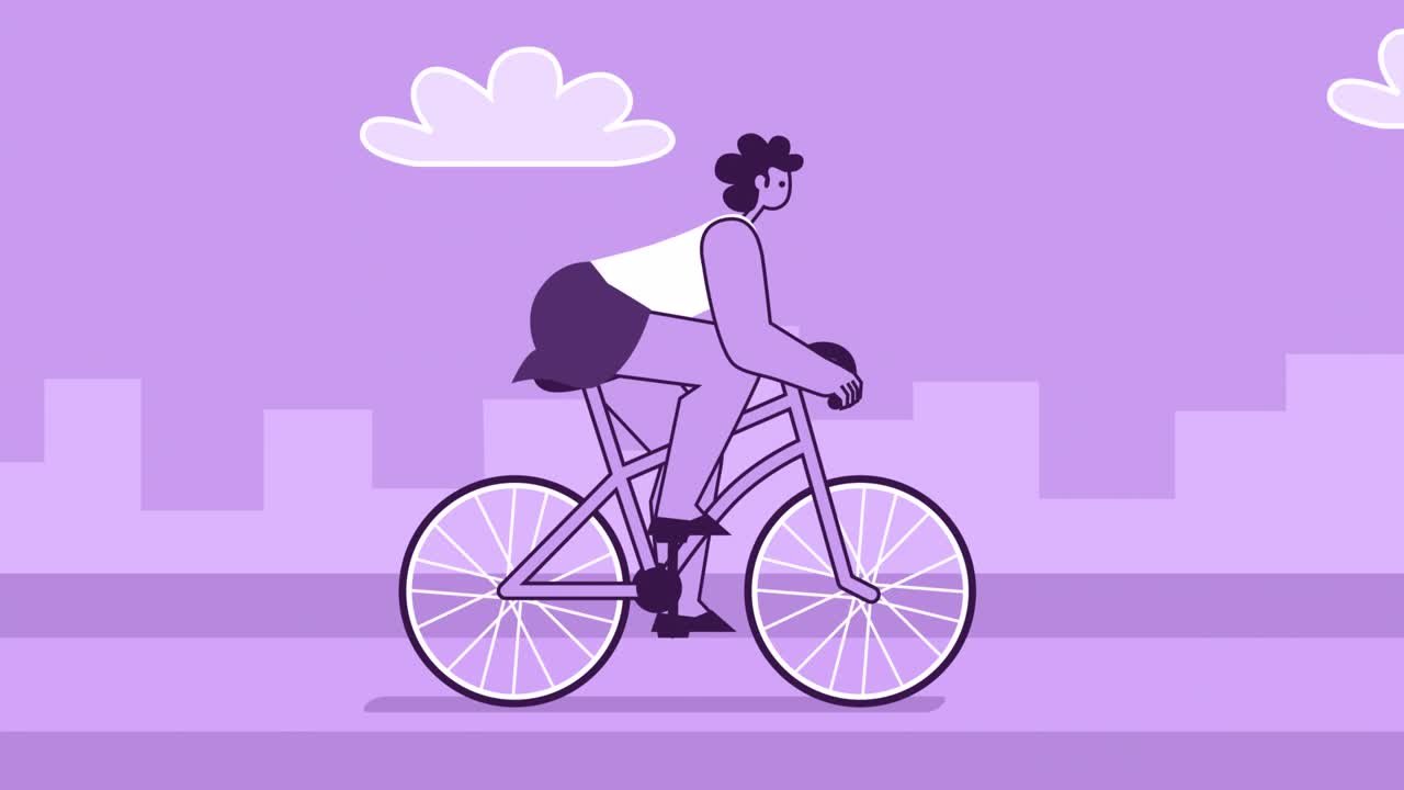 보라색 스타일 여성 평평한 캐릭터 속도 도로 자전거 타기 고립 루프 애니메이션 알파 채널